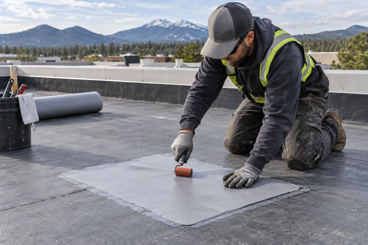 Worker rolling a repair patch on a commercial roof