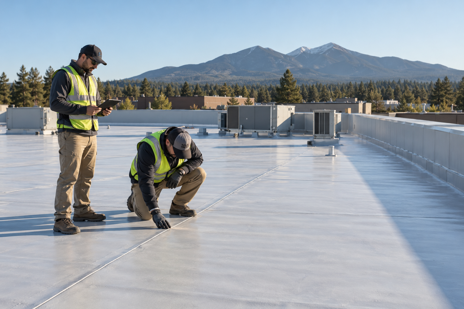Two inspectors examining a seam on a commercial low-slope roof