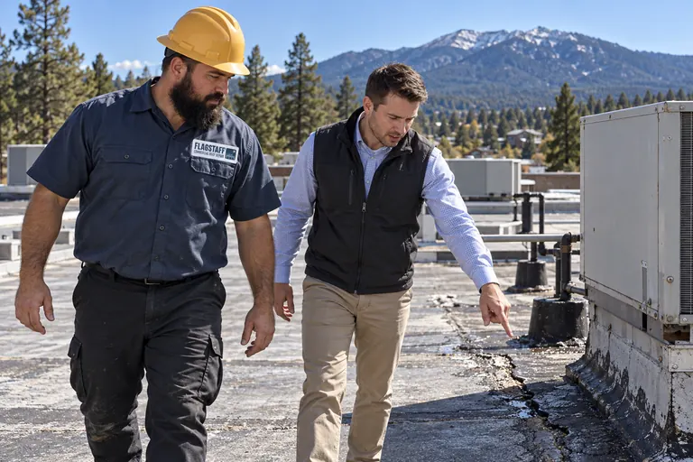 Roofer and a building owner walking an aged flat roof in Flagstaff, the owner pointing at a cracked, lifted seam