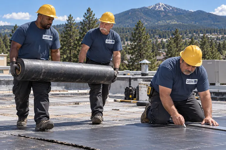 Two roofers carrying a roll of black membrane while a third cuts along a chalk line on a flat commercial roof
