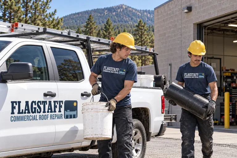 Two roofers unloading a sealant bucket and a membrane roll from a work truck beside a block commercial building