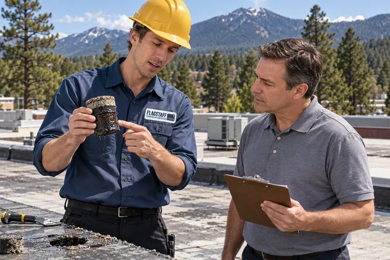 Roofer showing a facility manager the layers of a core sample cut from a flat commercial roof