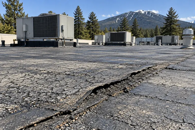 Alligatored flat roof membrane with a split, lifted seam running toward rooftop units