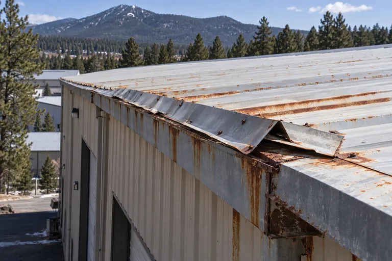 Rusted ridge cap pulling away and rust bloom along a panel lap at the eave of a metal building