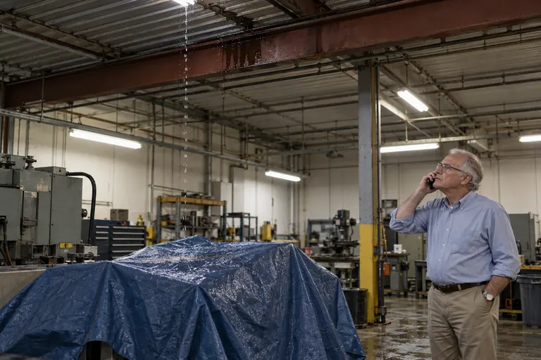 Facility manager on the phone looking up at a ceiling drip landing on a tarp over shop machinery