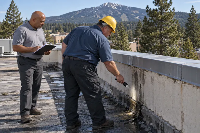 Roofer tracing a water trail down a parapet wall with a flashlight while a manager takes notes