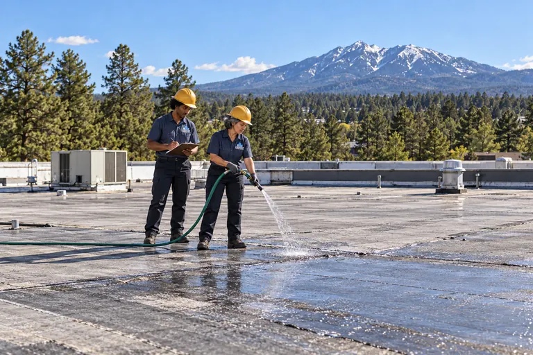 Two roofers running a controlled water test on one seam of a flat roof, one holding a clipboard