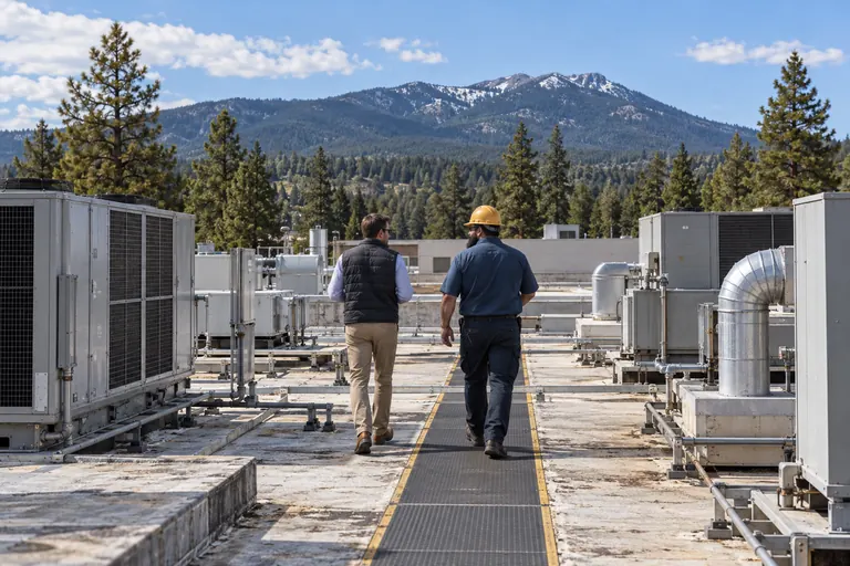 Roofer and a plant manager walking a walkway pad between rooftop units on an industrial roof