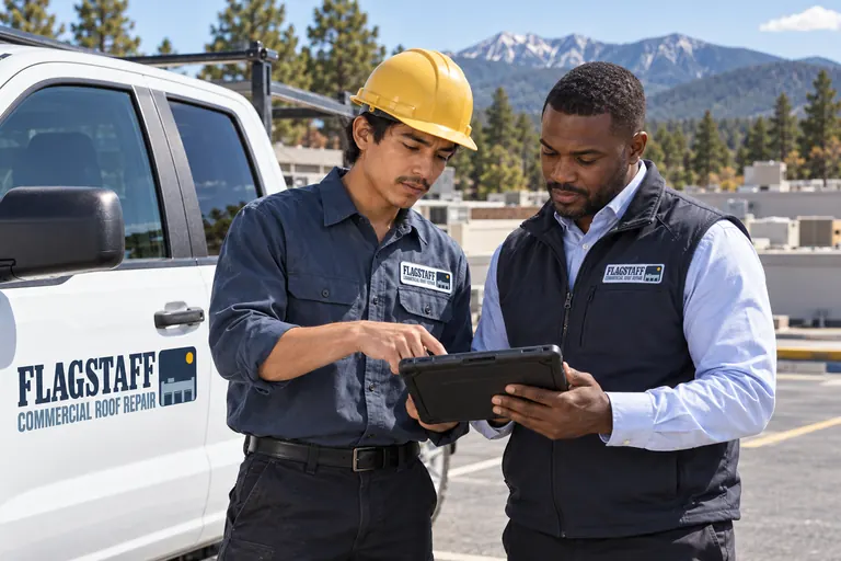 Roofer showing a property manager roof inspection photos on a tablet beside a work truck