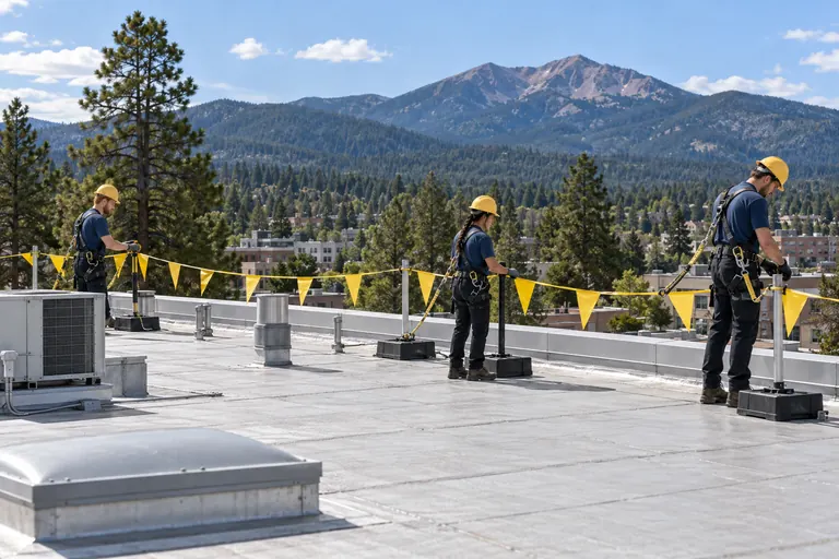 Three roofers setting a flagged warning line and tie-off posts at a roof edge