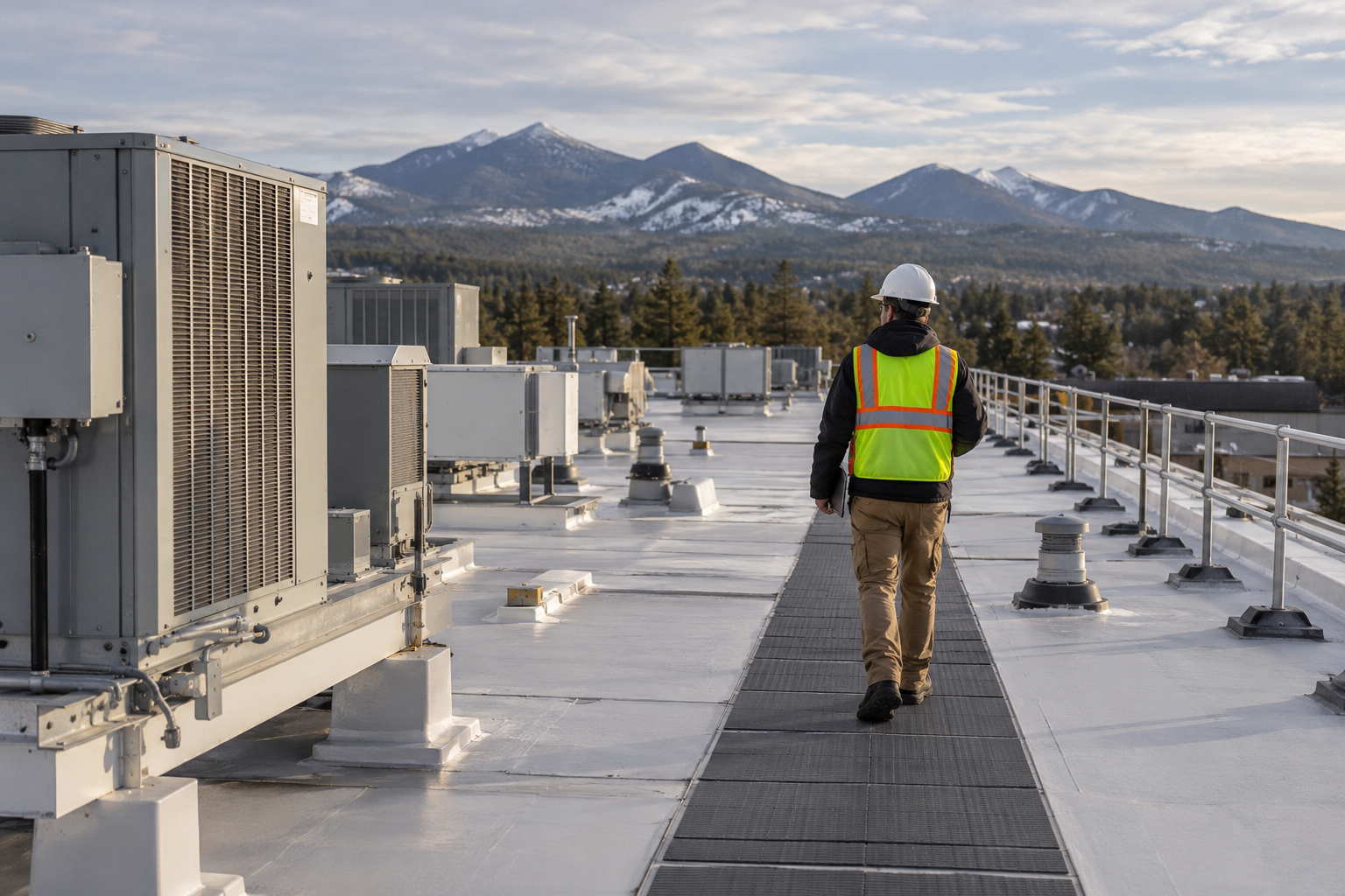 Inspector on a roof walkway beside industrial mechanical equipment
