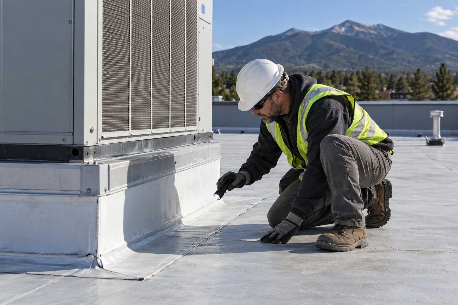 Inspector checking flashing around a rooftop equipment curb