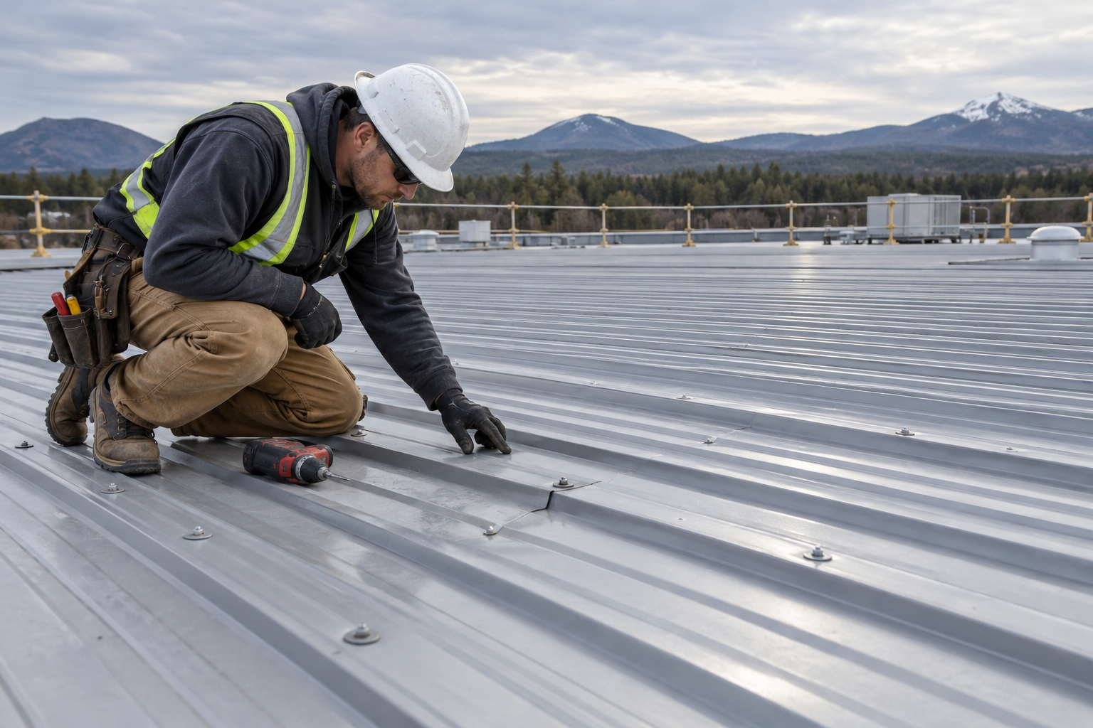 Worker examining a lap detail on a commercial metal roof