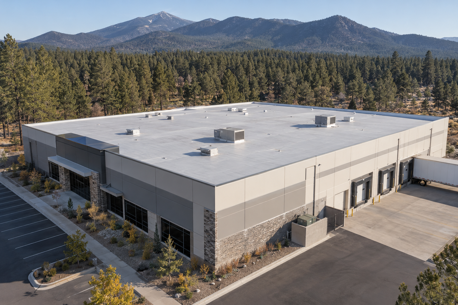 Commercial building with a low-slope roof and loading bays